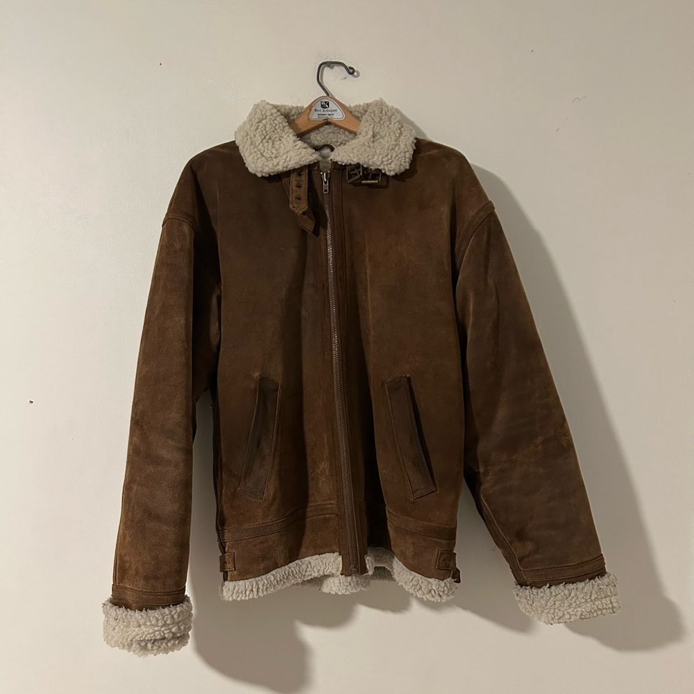 Wilsons Brown Suede Leather B-3 Bomber Flight Jacket Sherpa